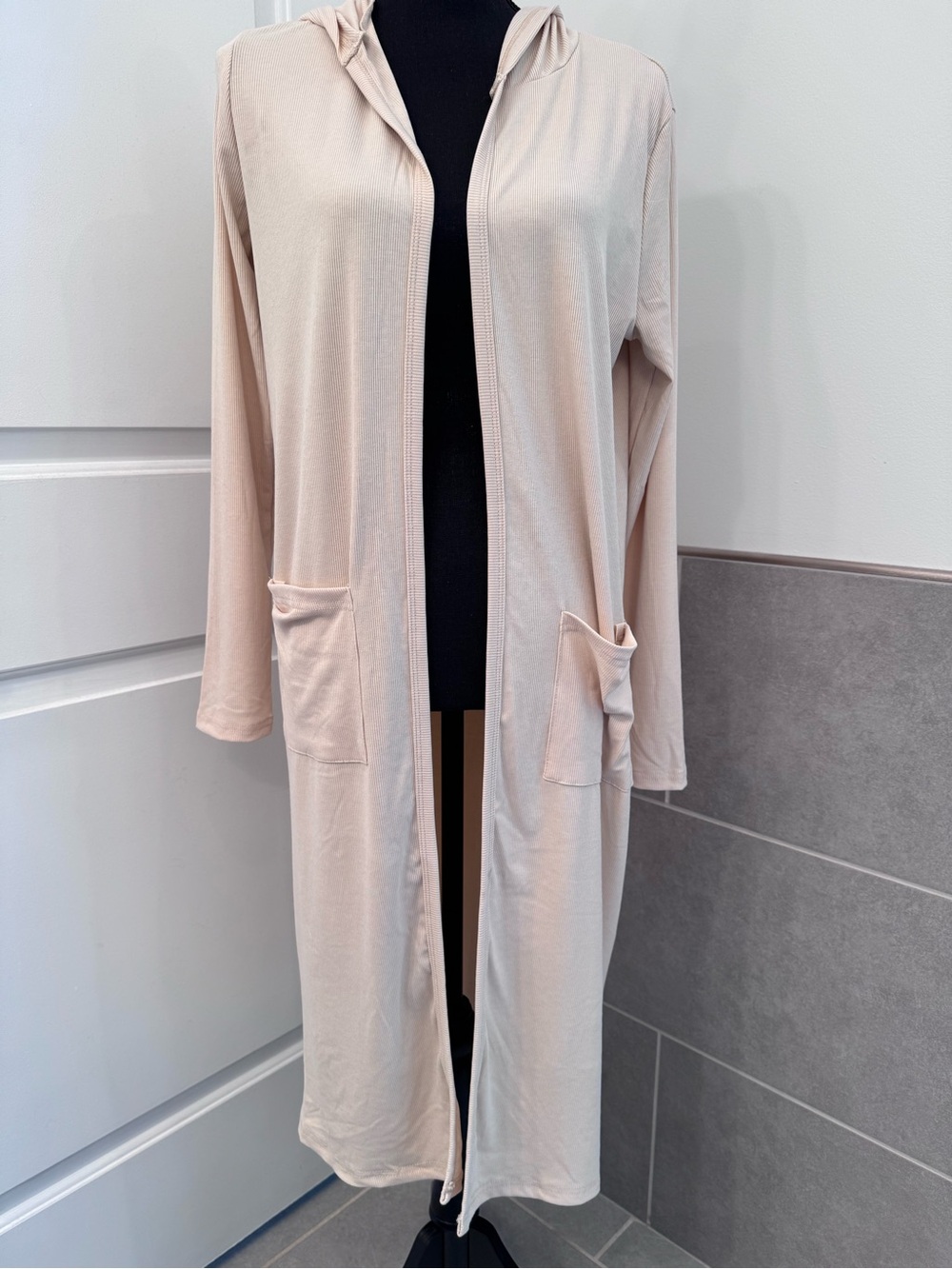Alaster Queen Hooded Ribbed Duster Cardigan - Light Beige, NWT Size M